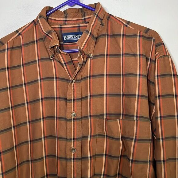 Lands End Men's Size LT Red/Brown/Green Plaid Long Sleeve Button Down Shirt - Picture 7 of 10